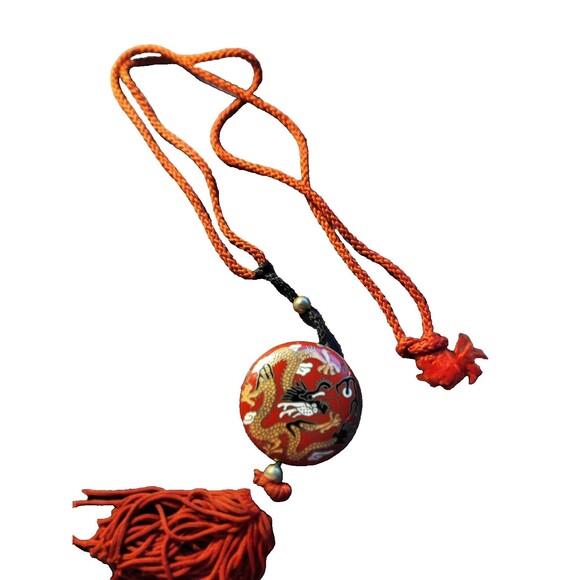 Vintage Cloisonne double sided Puff Pendant w/Dragons, all Silk - Picture 1 of 1